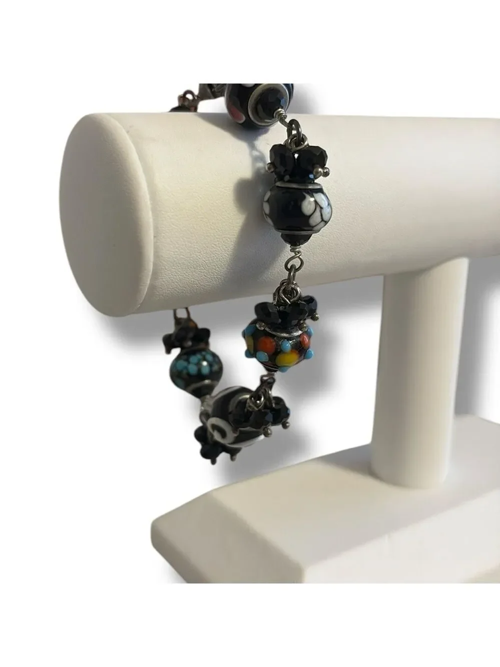 Artisan Glass Lampwork Beaded Bracelet Crystal Silver Tone Black Multi